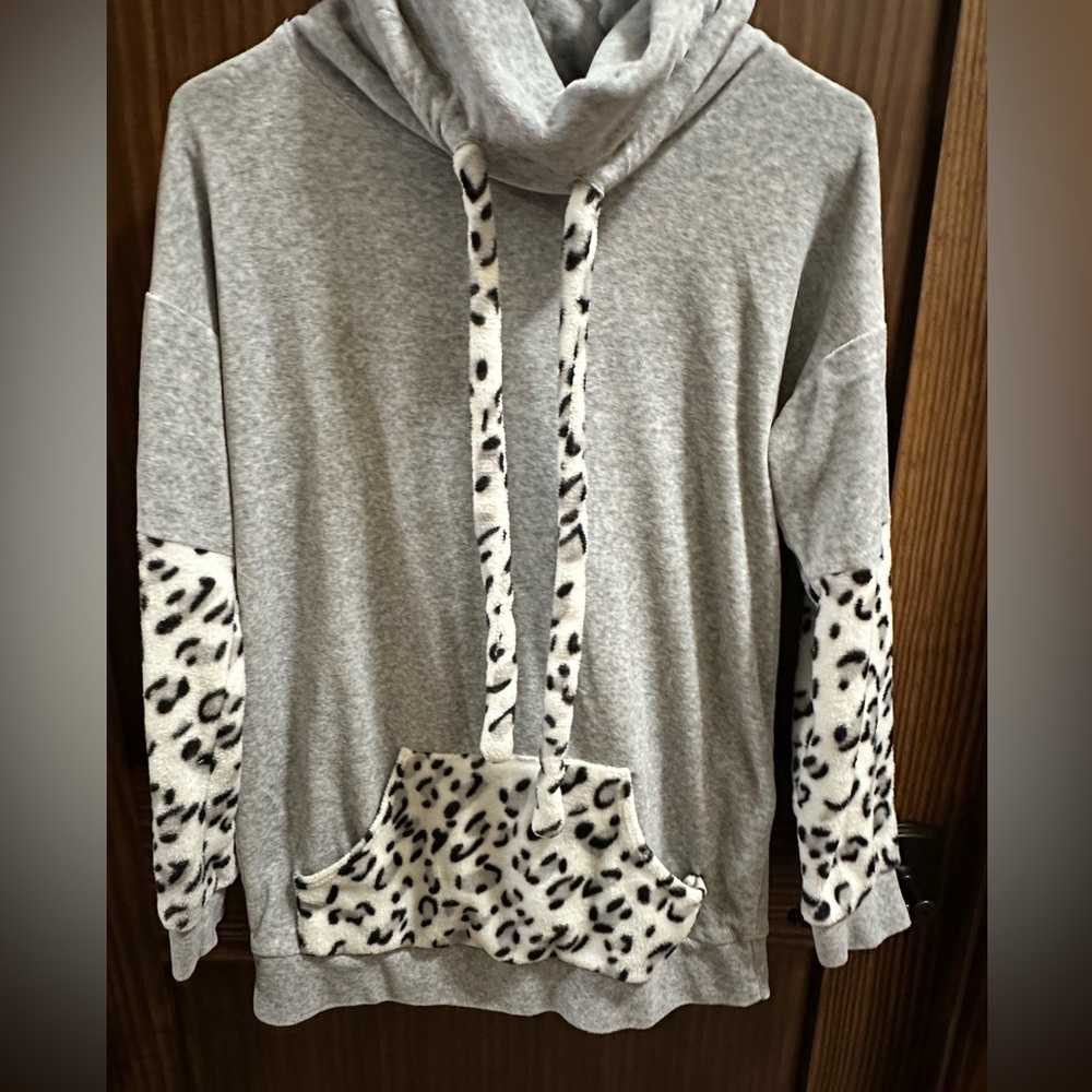 My Story Gray and White Leopard Cowl Neck Sweater